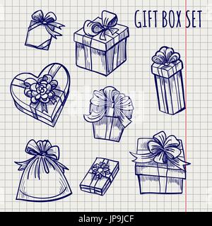 Ballpoint pen sketch of gift box on notebook page, vector illustration Stock Vector