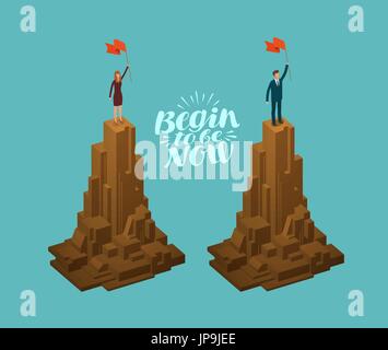 Business concept. Successful businessman, businesswoman with flag on top of mountain. Infographics vector illustration Stock Vector