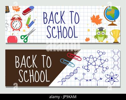 Back to school set of banners, template with space for text for your design. Education collection long board, poster, flyer. Flat style. Vector illustration. Stock Vector