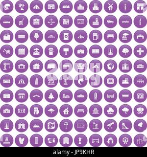 100 landscape element icons set purple Stock Vector