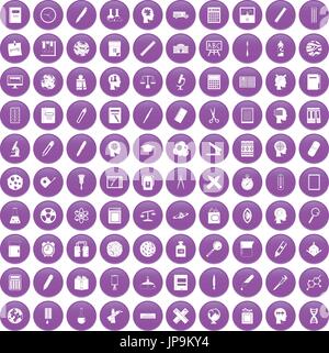 100 learning icons set purple Stock Vector