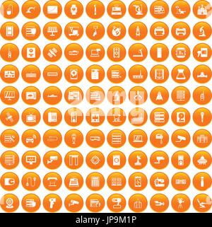 100 hardware icons set orange Stock Vector