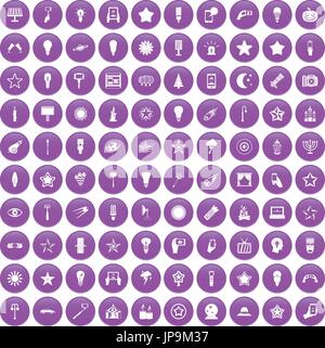 100 light icons set purple Stock Vector