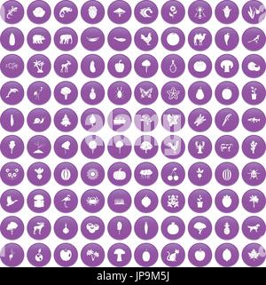 100 live nature icons set purple Stock Vector