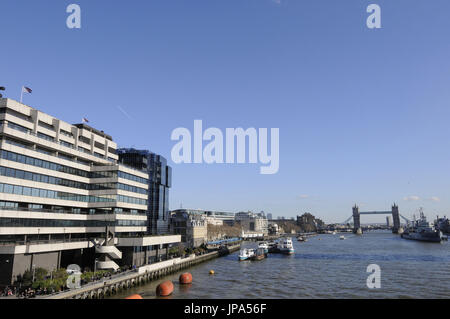 The view from London Bridge along the River Thames to the HMS Belfast and Tower Bridge London England Stock Photo