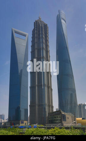 China, Shanghai City, Pudong District, Lujiazui, World Financial Center, Jinmao Building and Shanghai Tower Stock Photo