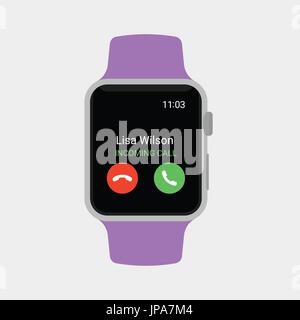 Smartwatch displaying incoming call. Modern flat vector illustration. Stock Vector