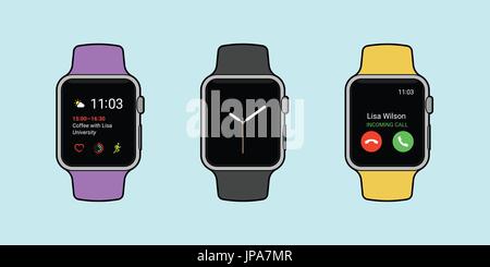 Smartwatches displaying various information in three different color whit outline. Modern flat vector illustration. Stock Vector