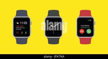 Smart Watch Icons Set. Smartwatches displaying various information in three different color isolated on yellow background. Modern flat vector illustra Stock Vector