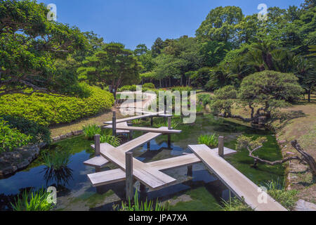 Japan, Okayama City, Korakuen Garden bridge Stock Photo