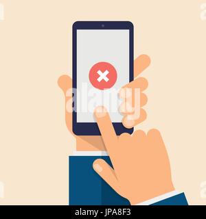 Cross mark on smart-phone screen. Hand holding smart phone. Finger on mobile device screen. Modern flat vector illustration. Stock Vector