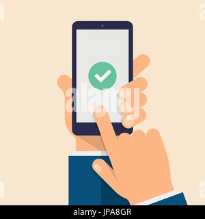 Check mark on smart-phone screen. Hand holding smart phone. Finger on mobile device screen. Modern flat vector illustration. Stock Vector