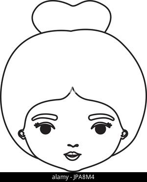 monochrome silhouette of caricature closeup front view face woman with collected bun hairstyle Stock Vector