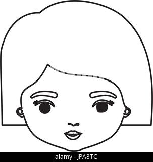 monochrome silhouette of caricature closeup front view face woman with straight short hairstyle Stock Vector