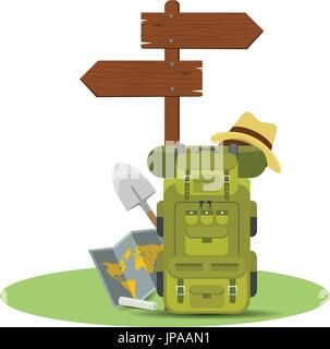 Vector wooden directional signpost or arrow with backpacks. Camping concept vector design. Stock Vector