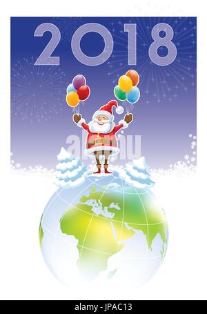 Smiling Santa Claus standing on a top of world globe, New Year 2018 in the sky.