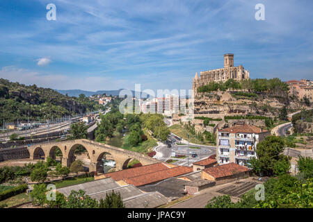 Spain, Catalonia, Manresa City, The Old Bridge and La Seu Cathedral Stock Photo