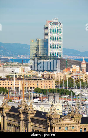 Port Vell harbor and city panoramic view of Barcelona, Catalonia, Spain Stock Photo