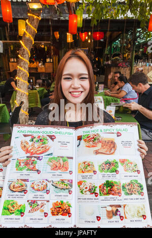 Thailand, Bangkok, Khaosan Road, Thai Food Restaurant Menu Stock Photo