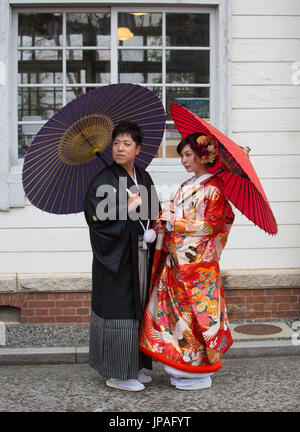 Japan, Okayama, Kurashiki City, Couple in traditional costume Stock Photo