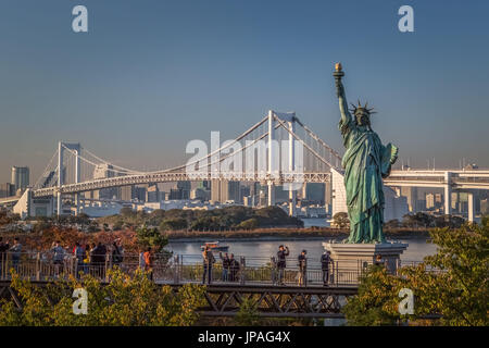 Japan, Tokyo City, Tokyo Bay, Rainbow Bridge, Statue of Liberty Stock Photo