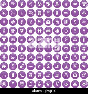 100 love icons set purple Stock Vector