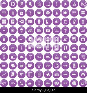 100 luggage icons set purple Stock Vector
