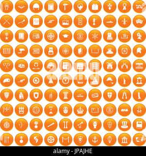 100 history icons set orange Stock Vector