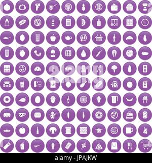 100 lunch icons set purple Stock Vector
