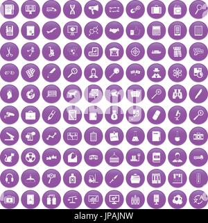 100 magnifier icons set purple Stock Vector