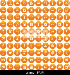 100 honeymoon icons set orange Stock Vector