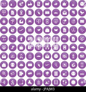 100 mail icons set purple Stock Vector