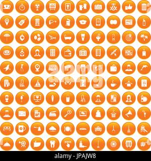100 hotel services icons set orange Stock Vector
