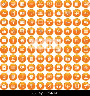 100 information technology icons set orange Stock Vector