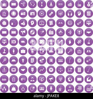 100 media icons set purple Stock Vector