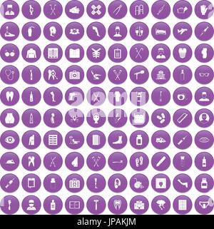 100 medical care icons set purple Stock Vector