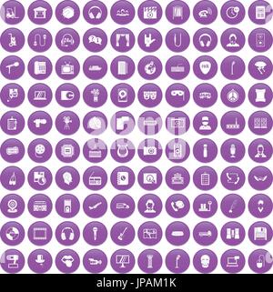 100 microphone icons set purple Stock Vector