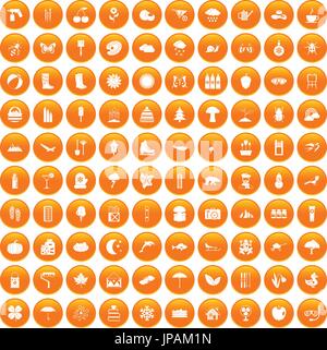 100 landscape icons set orange Stock Vector