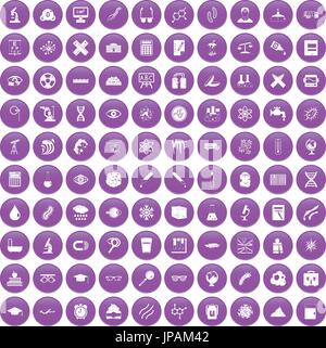 100 microscope icons set purple Stock Vector
