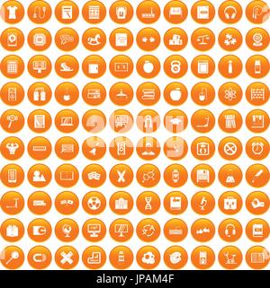 100 learning kids icons set orange Stock Vector