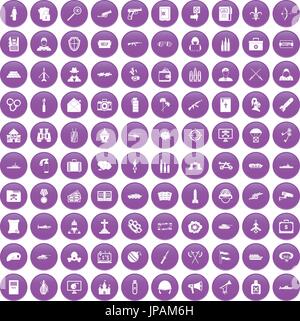 100 military icons set purple Stock Vector