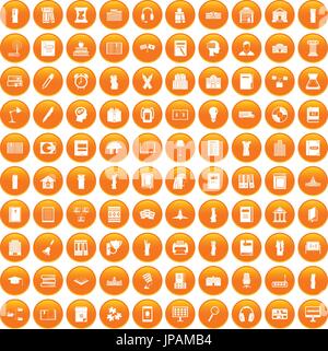 100 library icons set orange Stock Vector