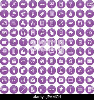 100 mobile icons set purple Stock Vector