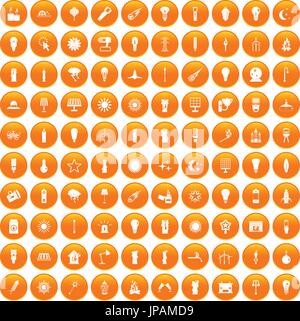 100 light source icons set orange Stock Vector