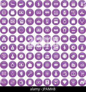 100 money icons set purple Stock Vector