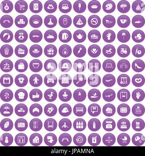 100 mother and child icons set purple Stock Vector