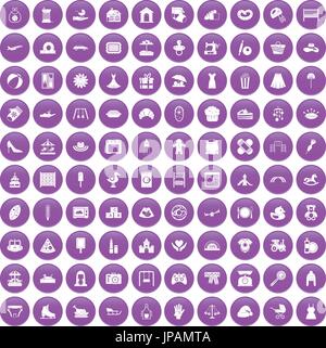 100 motherhood icons set purple Stock Vector