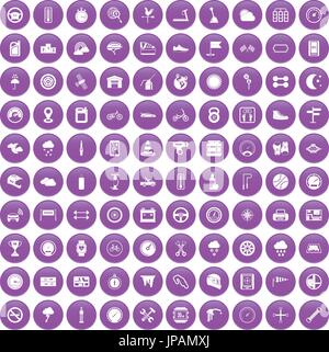 100 motorsport icons set purple Stock Vector