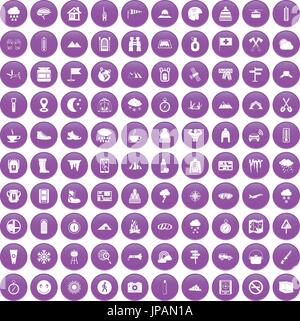 100 mountaineering icons set purple Stock Vector