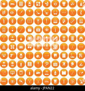 100 medical accessories icons set orange Stock Vector